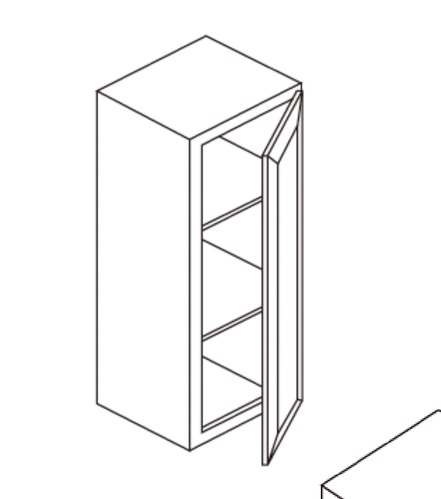 3D wireframe of a cabinet with a partially open door and three shelves.